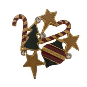 Vintage Gold‑Tone Enamel Rhinestone Christmas Ornament Brooch Pin GUC